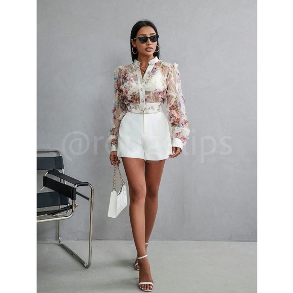 Off White Sheer Floral Ruffle Textured Crop Button Up Blouse Shirt Top - Picture 4 of 11